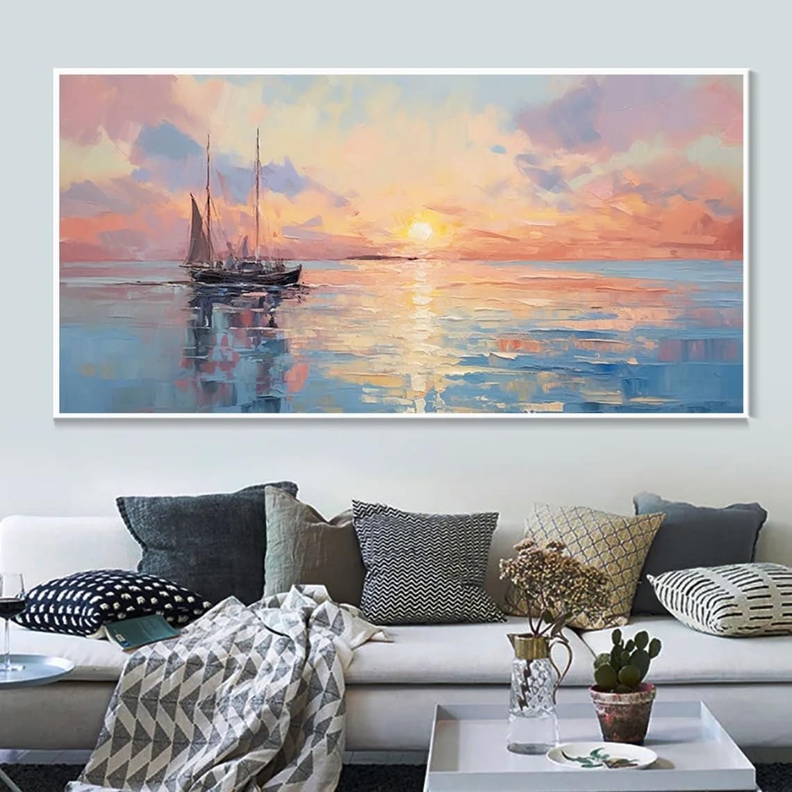 LTjiajuypd Canvas Prints Painting Vintage Ocean Art Sunrise Sunset Home Wall Decor Blue Sea Landscape(50X100cm)