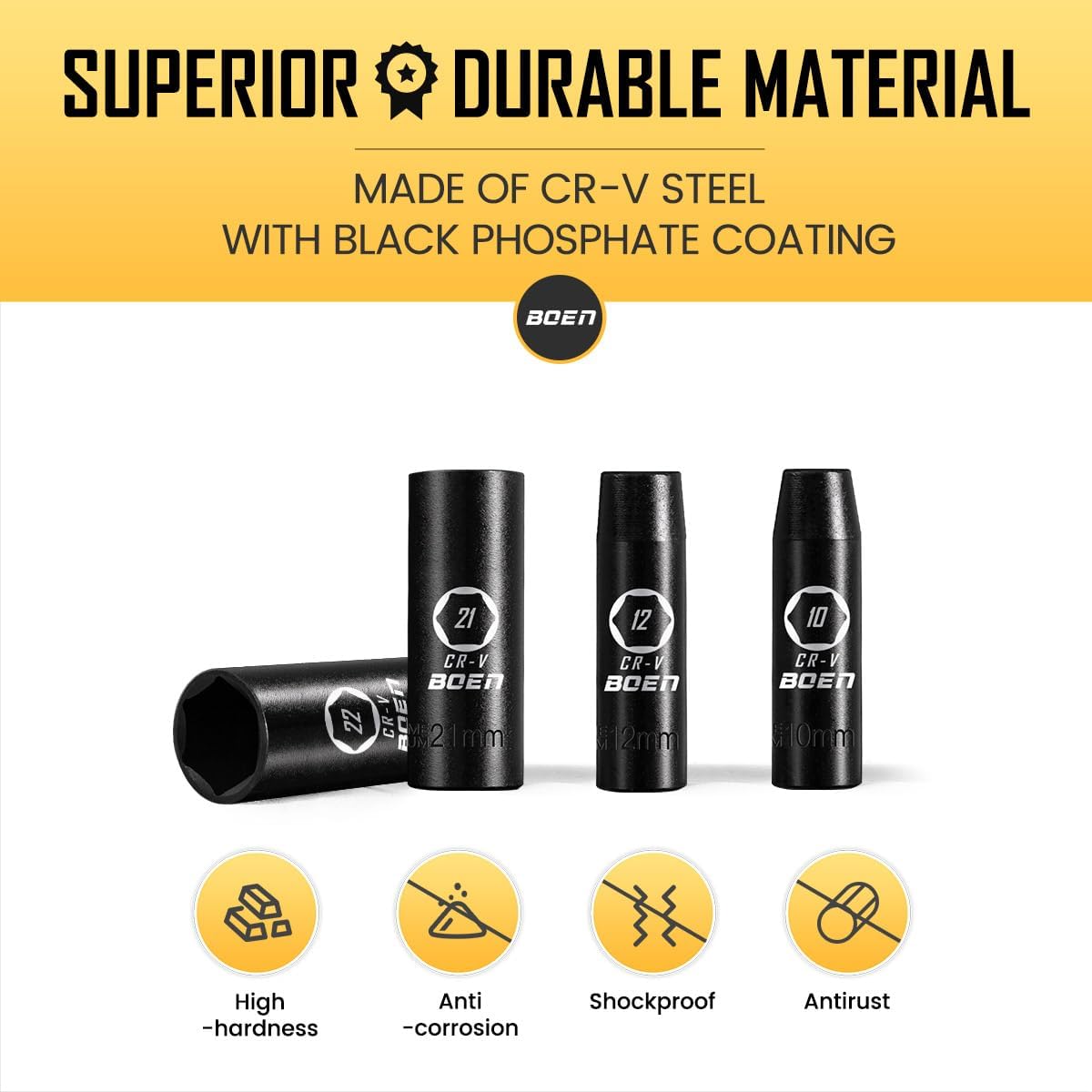 BOEN 1/2" Drive Deep Impact Socket Set, 11 Pieces Metric Socket Set 10mm to 24mm, 6 Point Design, Cr-V Steel, Laser Marking, Durable Storage Case, Meets ANSI Standards