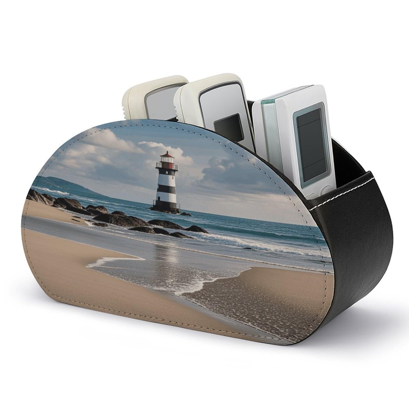 VstaDank Sea Lighthouse Sandbeach Remote Control Holder with 5 Compartments PU Leather TV Remoter Caddy Desktop Organizer TV Remote Holder Remote Box for Media Controllers Office Supplies