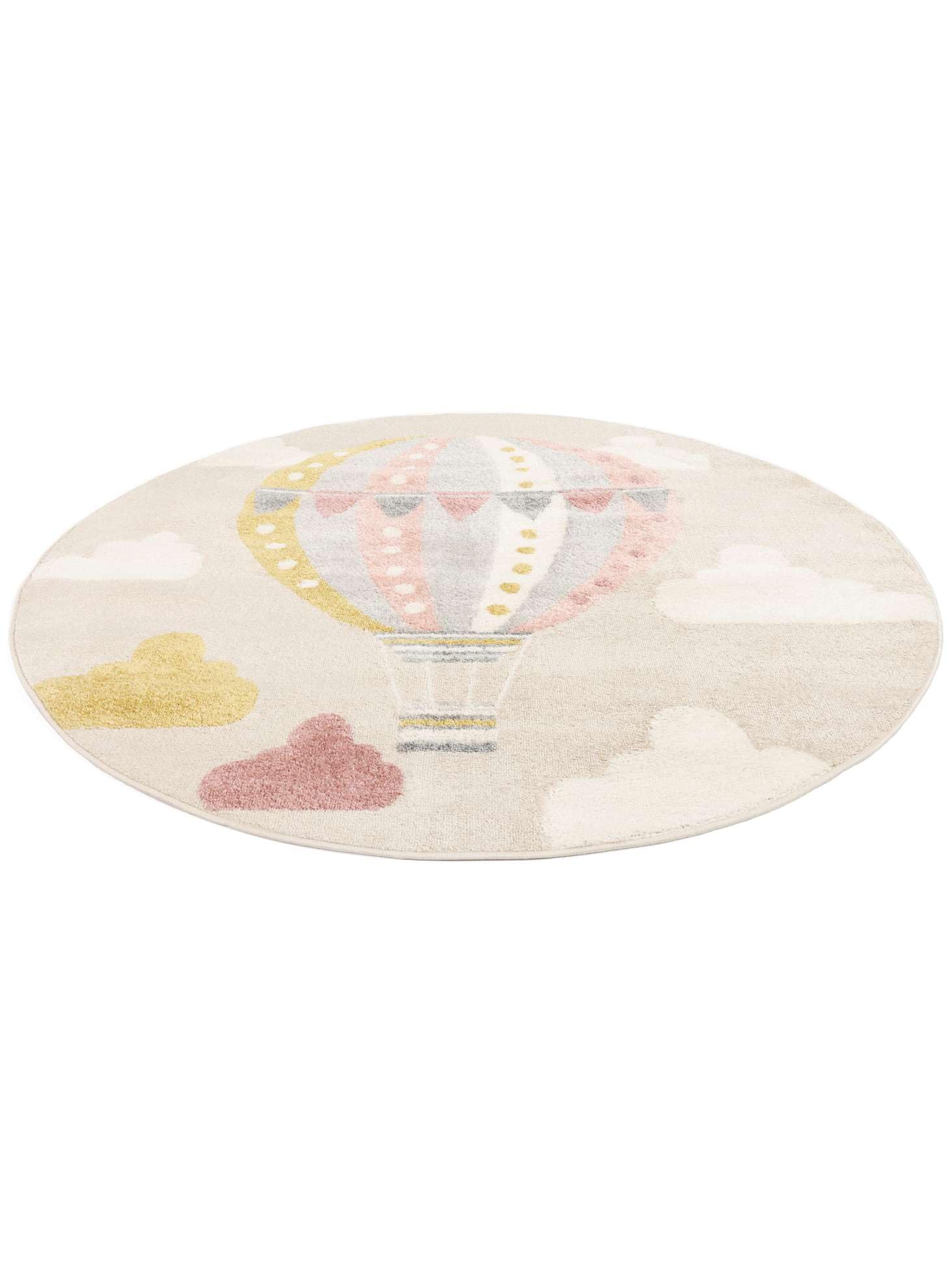RugVista Balloon Ride, Alfombra Infantil, Modernas Niños, Ø 150 cm, Redondo, Pelo Medio, Cuarto del bebé, Limpieza en seco, Sin Productos químicos peligrosos, Beige/Rosa