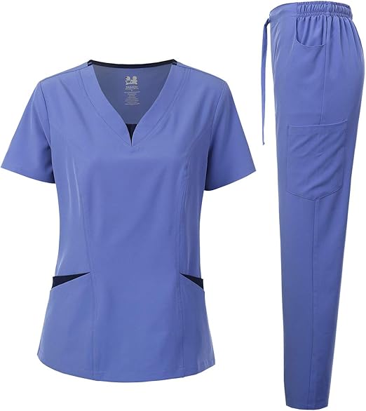 Dagacci Medical Uniform Women's Scrubs Set 4-Way Stretch Split Contrast Net V-Neck Scrub Top and Pants