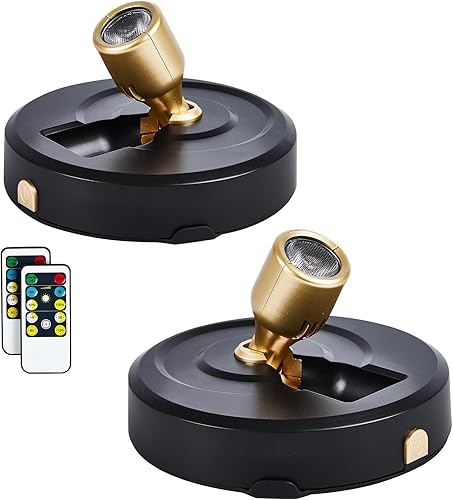 HOFUY Paquete de 2 focos LED inalámbricos que funcionan con pilas, luces de disco con 2 controles remotos, luces de punto regulables con atenuador