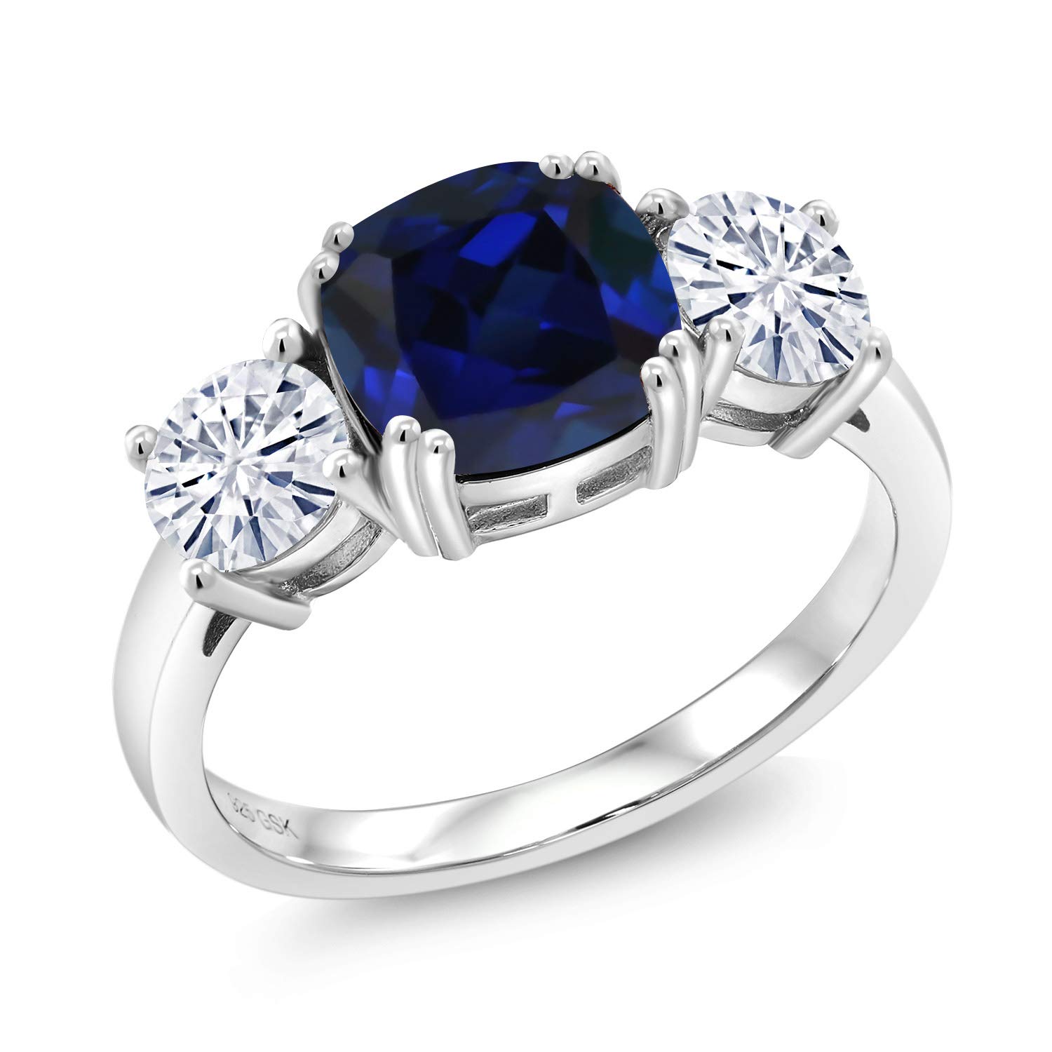 Gem Stone King925 Sterling Silver Created Sapphire and Forever Classic Moissanite From Charles & Colvard 3 Stone Engagement Ring For Women (3.50 Cttw, September Birthstone, Cushion 8MM, Available in Size 5,6,7,8,9)