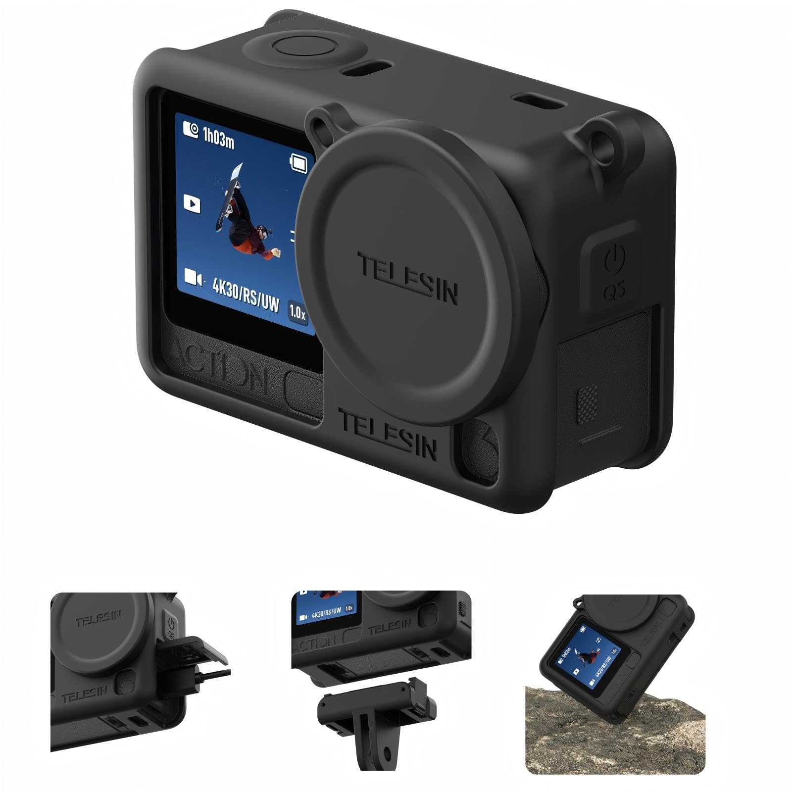 TELESIN Silicone Protective Case for DJI Osmo Action 6 with Lens Cap & Lanyard, Anti-Scratch Washable Cover Anti-Slip Dustproof Action Camera Protection for DJI Action 6 Accessories (Black)-picture-35