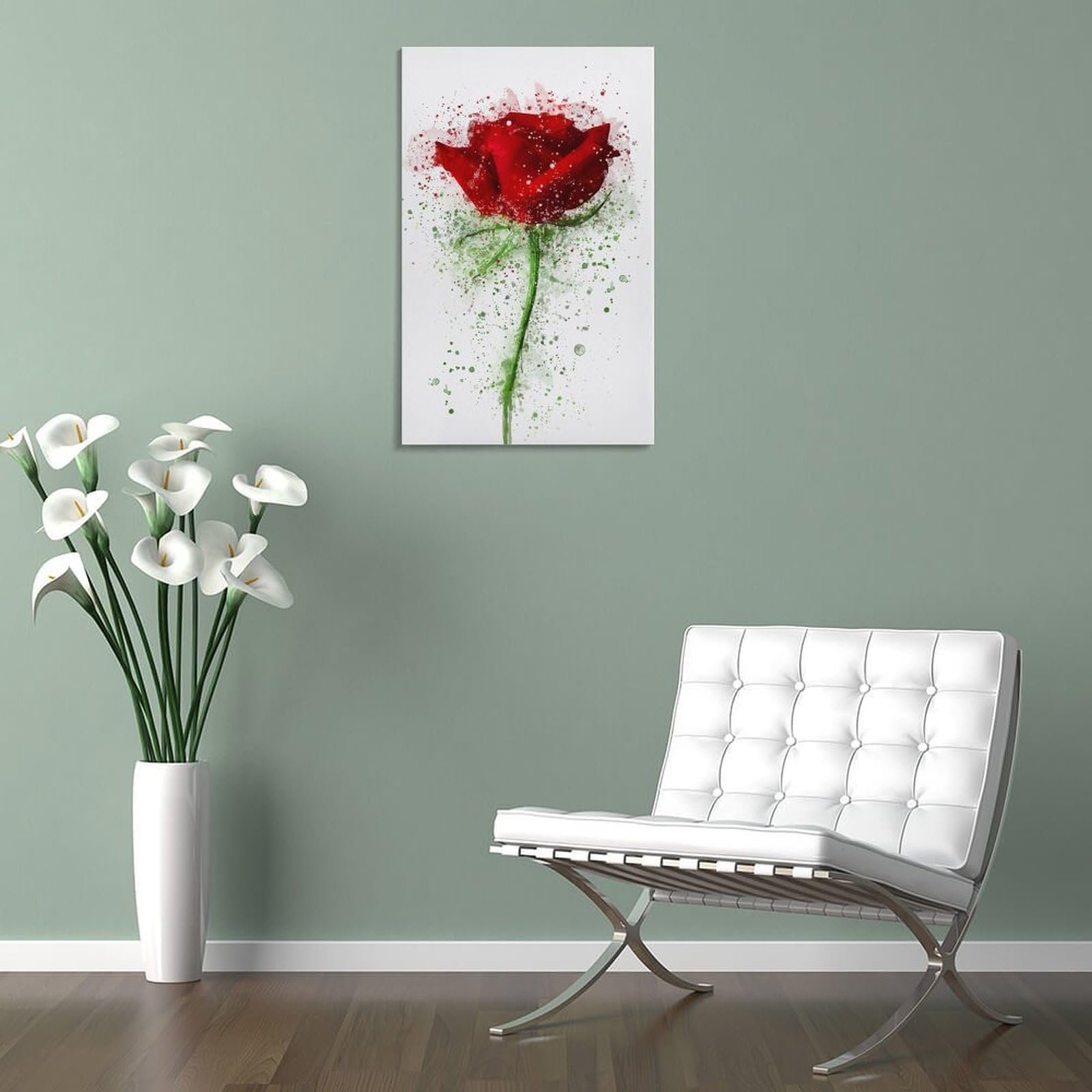 赤い薔薇　水彩画　ホワイト額入り 赤い薔薇 水彩画 ホワイト額入り