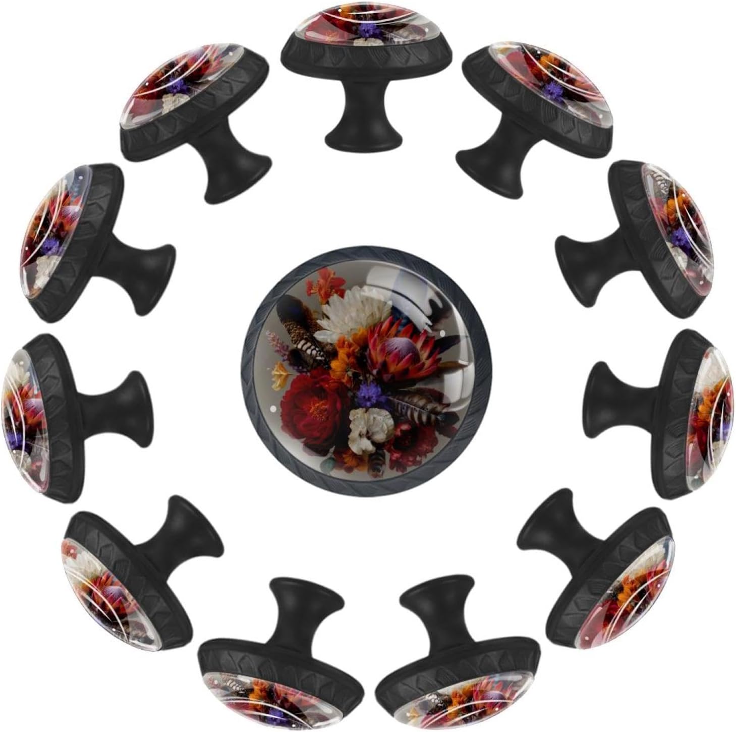 Black Flowers and Feathers (1) Drawer Pulls with Screws, Black Base Glass Knobs with Flowers and Feathers (1) Pattern