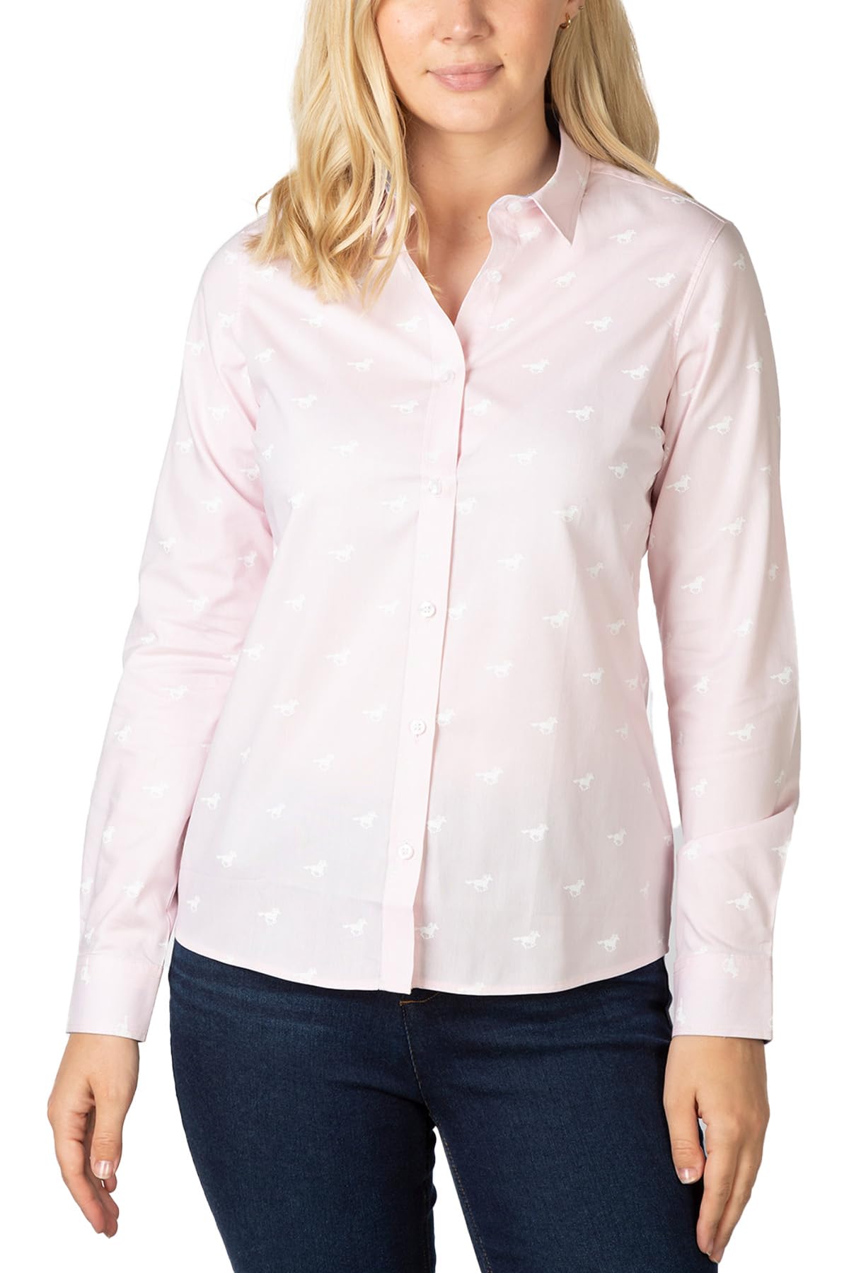 Rydale Ladies Oxford Cotton Printed Shirt Womens Button Shirts Blouse Animal Print (as8, Numeric, Numeric_8, Regular, Regular, Pink Horse)