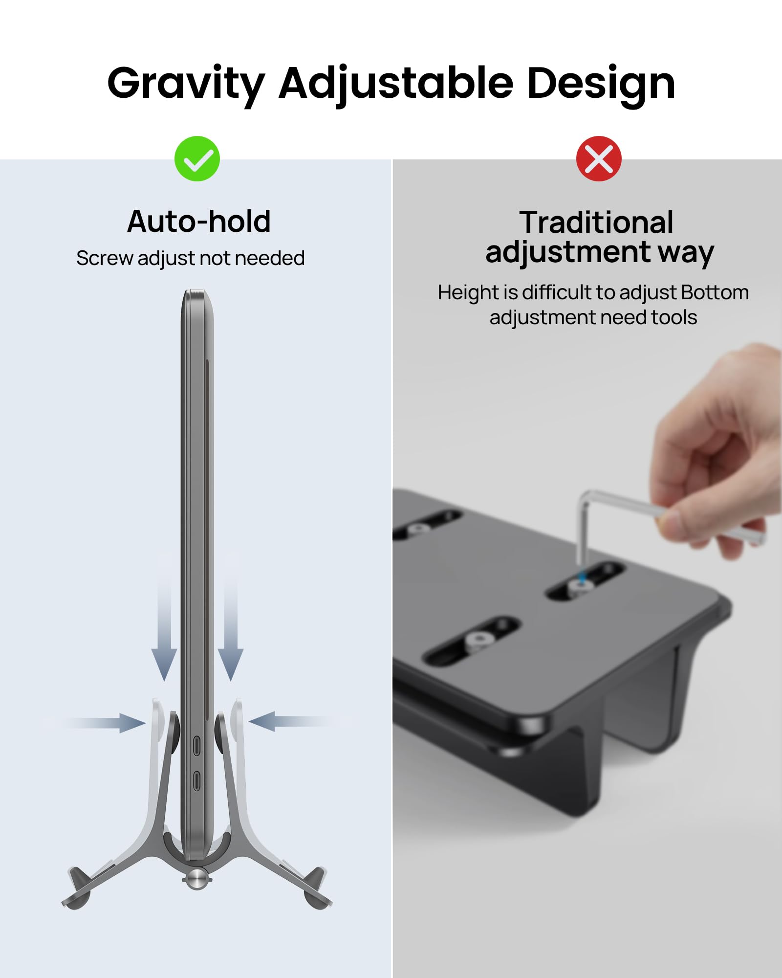 Soporte vertical para laptop para escritorio, soporte para MacBook con bloqueo automático por gravedad, soporte vertical de aluminio para laptop compatible con MacBook Pro, Air, tableta, ahorro 3