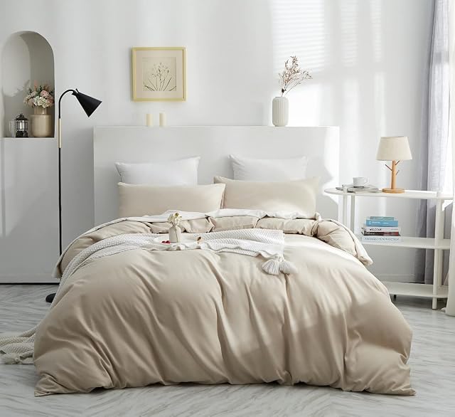 Lanqinglv Duvet Cover Set Double Bed Beige Plain Bedding Set Ultra Soft Microfiber Quilt Cover 200x200 cm with Zipper Closure and 2 Pillowcases 50x75 cm
