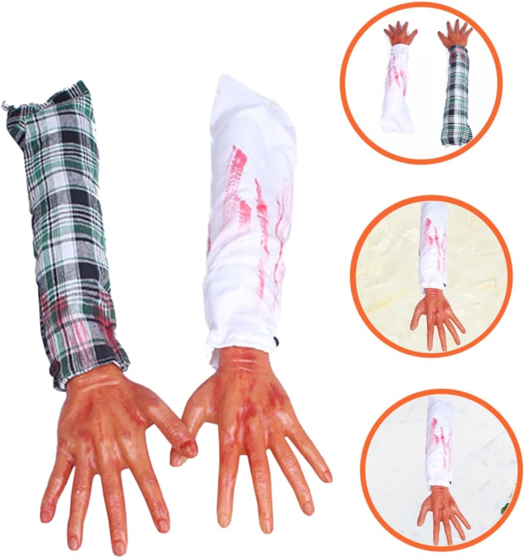 GALPADA 2pcs Halloween Scary Fake Broken Hands Prank Props Realistic Bloodied Severed Body Parts for Haunted Houses Parties and Decorations Halloween Fake Hands Blood Stains and Plaid