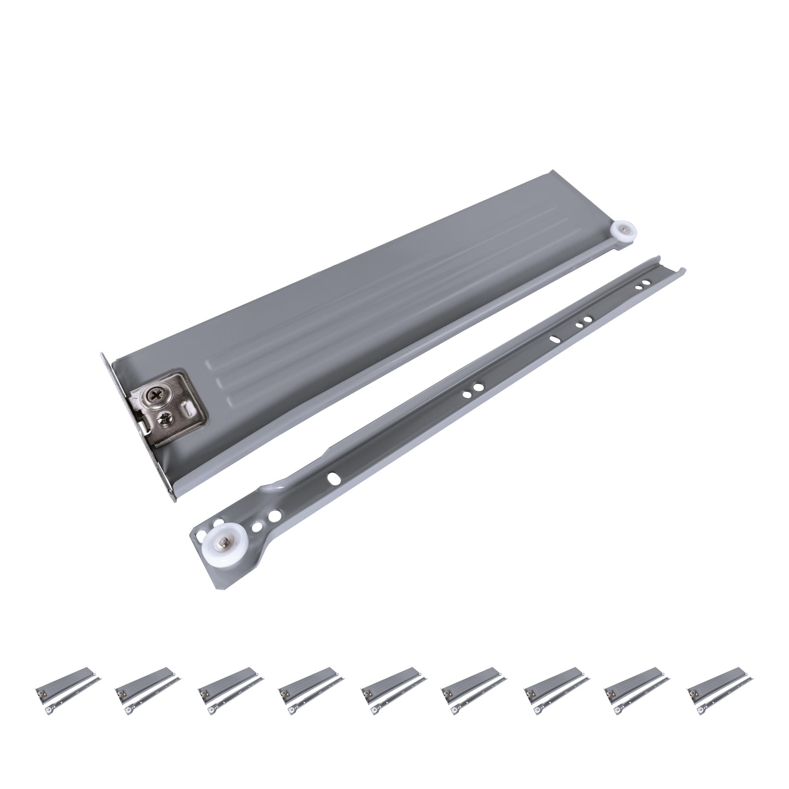 Guías Correderas Laterales para Cajón | Extracción Parcial | 30 kg | Altura 8,5 cm | Rodillos | Gris - 10 unidades (50 cm)