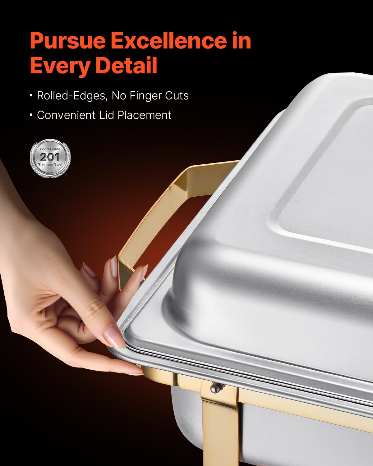 VEVOR Chauffe-Plat 4PCs 7,5 L, Buffet Chauffant Rectangulaire, Réchaud en INOX, avec 2 Bacs Pleine Taille, 6 Bacs Demi-Taille et Couvercle, pour Buffet Libre-Service Hôtel Traiteur Restauration, Doré