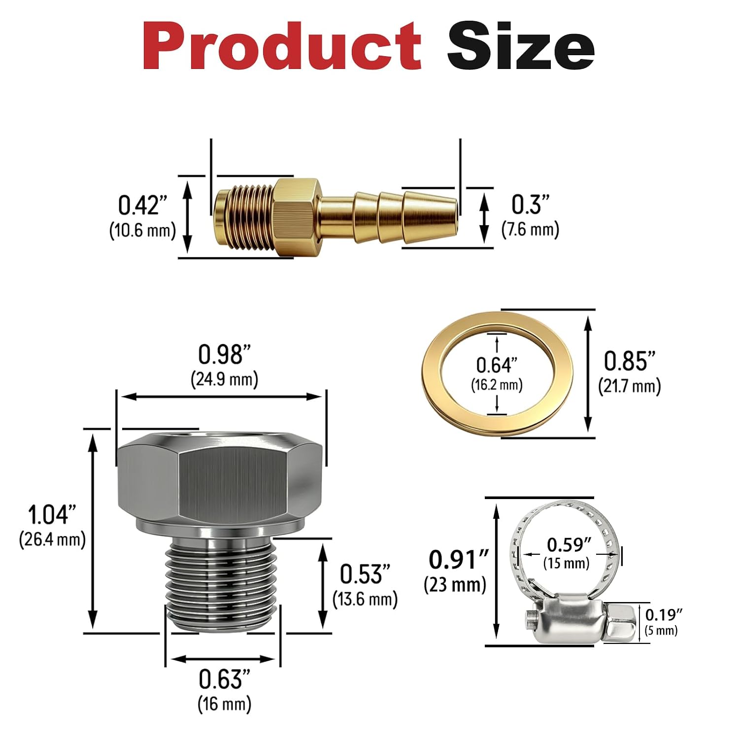 Stainless Steel Oil Pump Priming Adapter Kit for All Chevy GM LS Engines LS1 LS2 LS3 LSX 5.3L 6.0L 6.2L - Includes Brass Barbed Fitting, M16x1.5 Stainless Steel Plug, Washer & Clamp