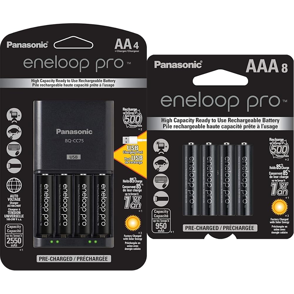 Panasonic K-KJ75KHC4BA Advanced Battery Charger, Black & BK-4HCCA8BA eneloop pro AAA High Capacity Ni-MH Pre-Charged Rechargeable Batteries, 8-Battery Pack