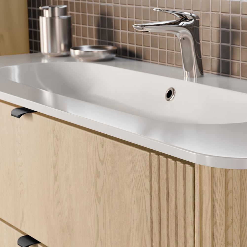 Lomadox Badezimmer-Waschtisch 120 cm in Eiche, gerillt, mit Keramik Waschbecken, 2 Schubladen, Softclose, Metallgriffe, abgerundete Kanten