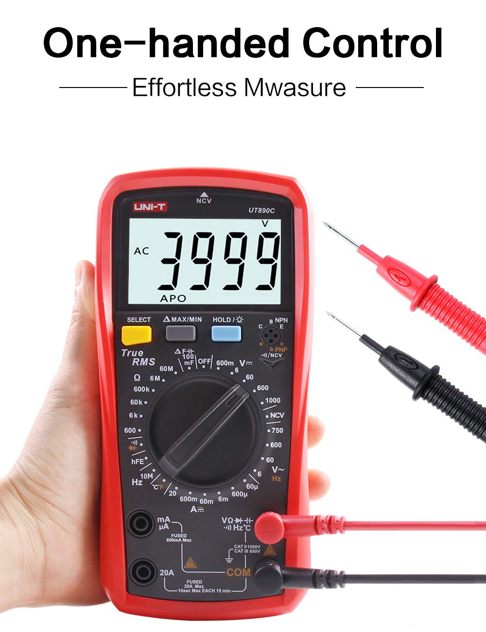 UNI-T UT890C Multimetro Digitale Professionale Tester Voltmetro Amperometro Ohmmetro Veri RMS 6000 Conti Test di Capacità e Misurazione della Temperatura con LCD Retroilluminato