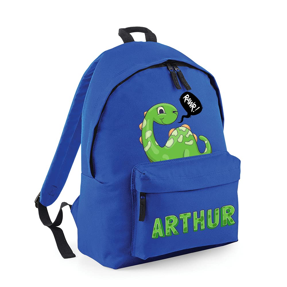 Personalised with ANY NAME Dinosaur Rawr Fashion Backpack, Toddler Backpack for Nursery/Preschool/Travel/Kindergarten, Bookbags for Kids/Teen Fashion Daypack Rucksack Shoulder Bag. (Bright Royal)