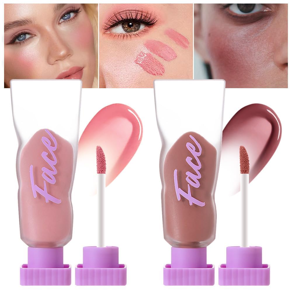 Azonee2 Pcs Soft Liquid Blush Beauty Wand Sets, Silky Cream Stick Makeup for Cheeks Eyes Lips, Natural Matte Finish, Moist Smooth Lightweight Breathable