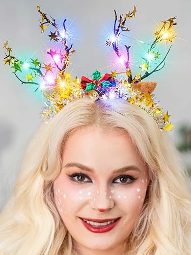 Miniatura 8 de CASDRE Diadema de Navidad iluminada, diadema de cornamenta de reno dorado, aro de Navidad, campana de lazo de Navidad, accesorios para el cabello