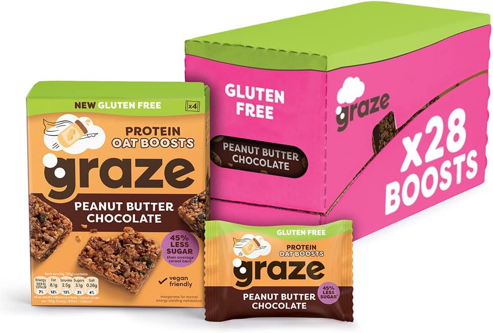 Graze - Protein Oat Bars - Gluten Free & Vegan Peanut Butter and Chocolate Protein Oat boosts - Total 28 Healthy Snacks Multipack