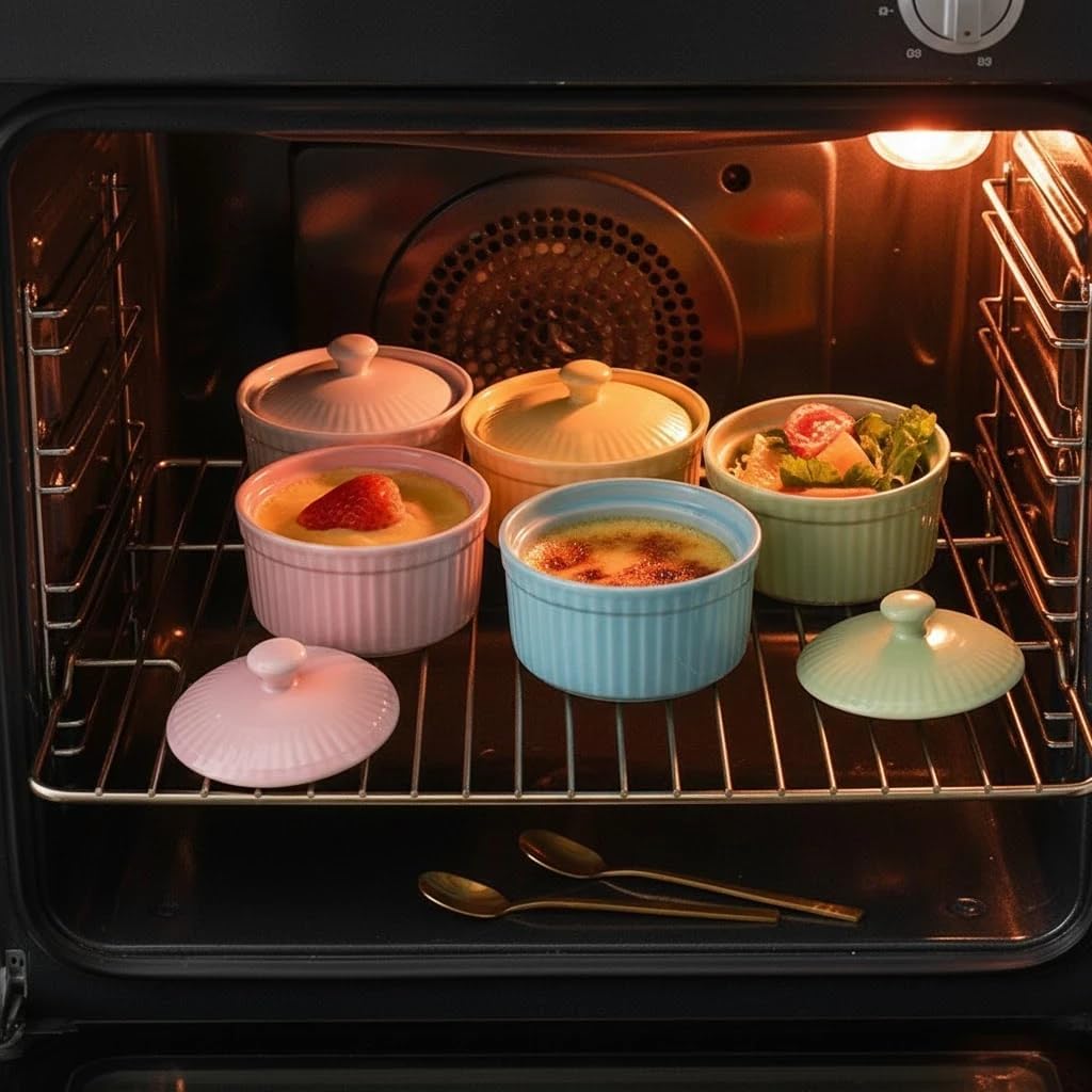 Ceramic Ramekins 6 Oz with Porcelain Lids Set of 6, Oven, Microwave & Dishwasher Safe Souffle and Creme Brulee Baking Dishes for Custard, Pudding & Individual Desserts, Durable Heat Resistant Design – Multicolor