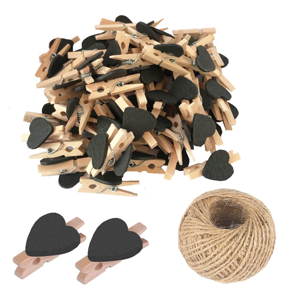 SKYPRO 100Pcs Black Mini Wooden Heart Clothespins, Multicolor Small Clothespins with Heart, 3cm Heart Photo Clips, Tiny Clothes Pins with String for Photos Display,DIY Craft,Wedding&Baby Shower Decor