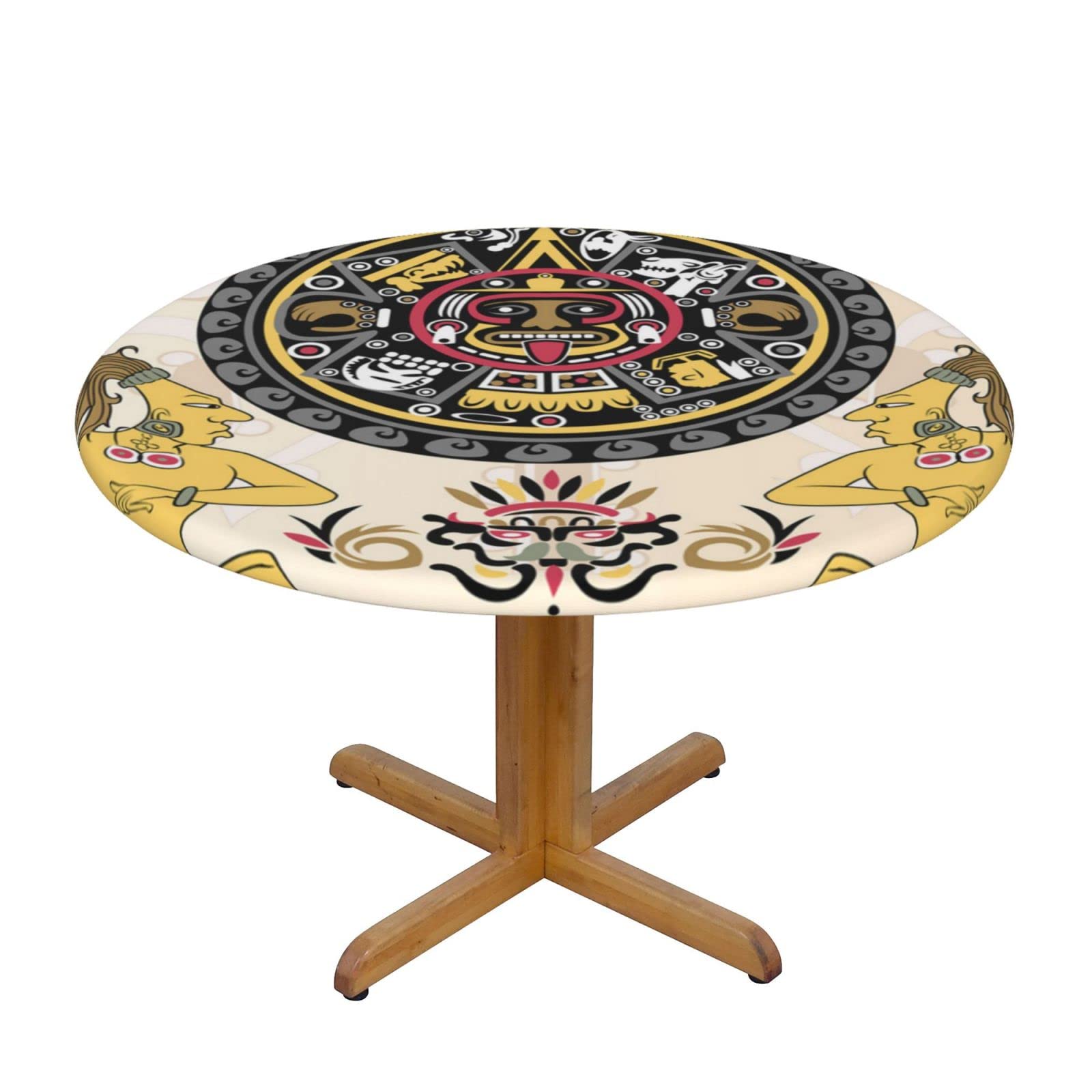 Lsjuee Round Fitted Tablecloth 45-50in Elastic Edged Table Cloth for Kitchen Dining Party Home Decor - Ancient Maya Tribe Colorful