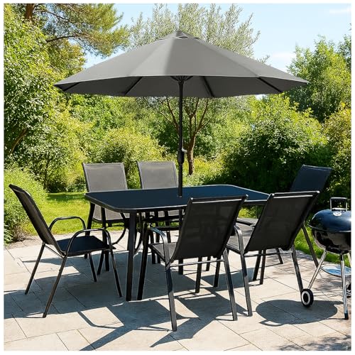 VORTIVO 8-teiliges Gartenmöbel Set | Sitzgruppe für 6 Personen mit Sonnenschirm – Tisch mit Glasplatte Stühle stapelbar – wetterfeste Essgruppe für Garten, Balkon & Terrasse – Schwarz