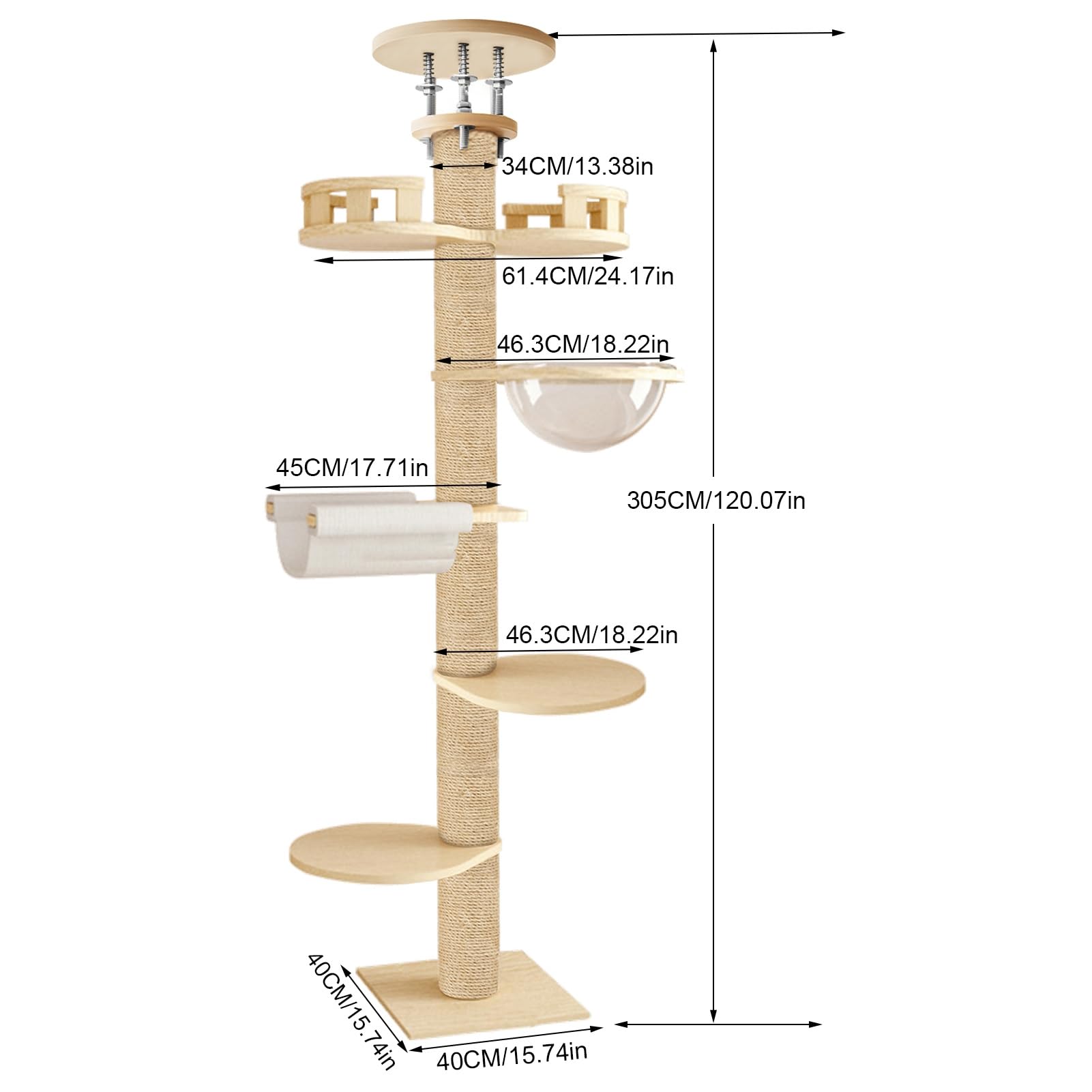 Árbol para gatos, torre moderna para gatos de suelo a techo, torre para gatos de altura ajustable con cuenco de hamaca, poste rascador de 6 niveles para gatos de interior, árbol de actividad