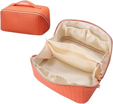 Travel Toiletry Bags, Large Capacity Travel Cosmetic Bag, Multifunctional Storage Makeup Bag PU Leather Square Embossed Makeup Bag, with Handle and Divider Travel Cosmetic Bags for Women Org