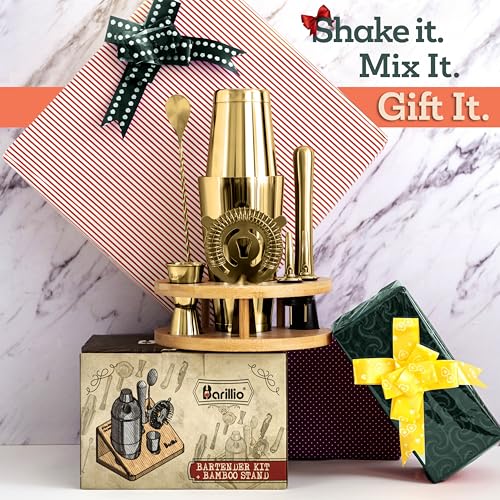 Barillio Gold Mixology Bartender Kit with Stand - Cocktail Shaker Set with Bamboo Stand, Boston Drink Shaker, Mojito Muddler, and Drink Mixer Spoon - 9-Piece Bar Tools Set - Bar Accessories for Home - Thumbnail 5