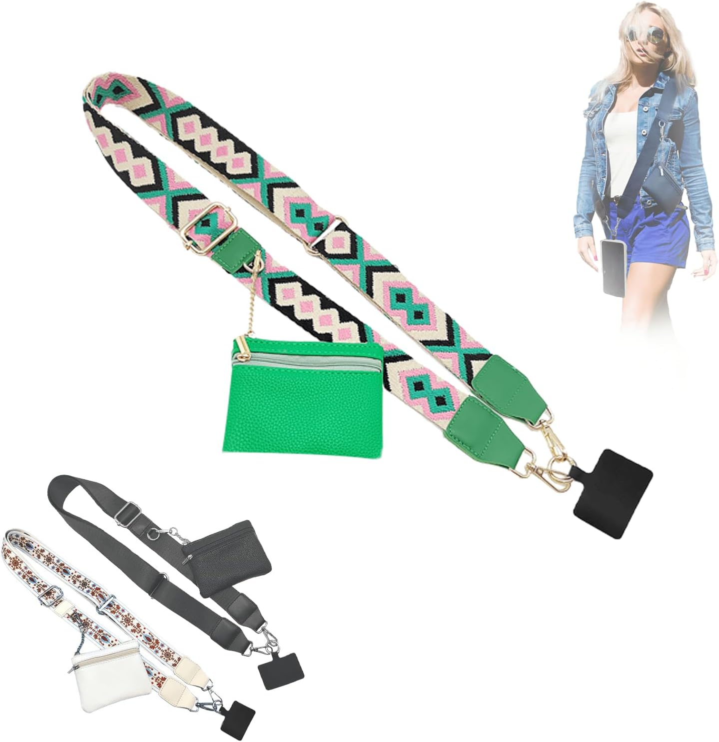 clip and go strap for phone with wallet crossbody,phone strap with zippered pouch (green)
