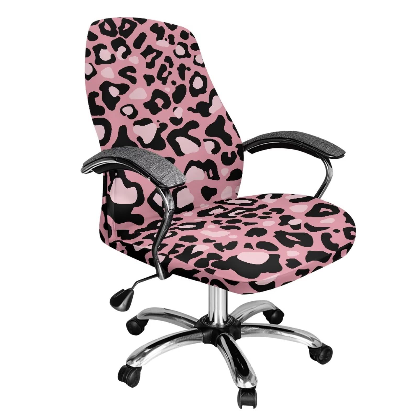 Cadowhimsy Pink Leopard Print Office Chair Cover Removable Computer Chair Slipcover Washable Swivel Rotating Boss Chair Protector for Armchair Home