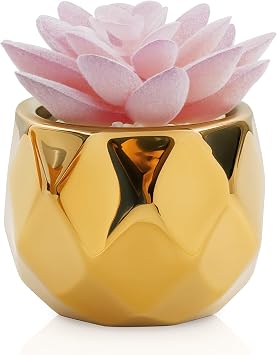 VIVERIE Mini Succulents Plants Artificial in Pots-Pink Succulents with Golden Ceramic, Small Fake Succulents for Home Decor Indoor for Women, White Ceramic Faux Succulents, Gifts for Mom-1 Pack