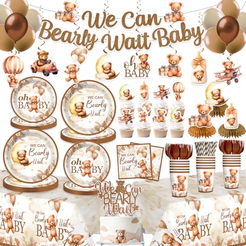 Yingoto 163pcs Bearly Baby Shower Decorations Complete Tableware Set, Serves 20 Guests, Teddy Bear Baby Shower Decor, Bear BabyShower Decorations Boys Girls, For Barely Theme Party