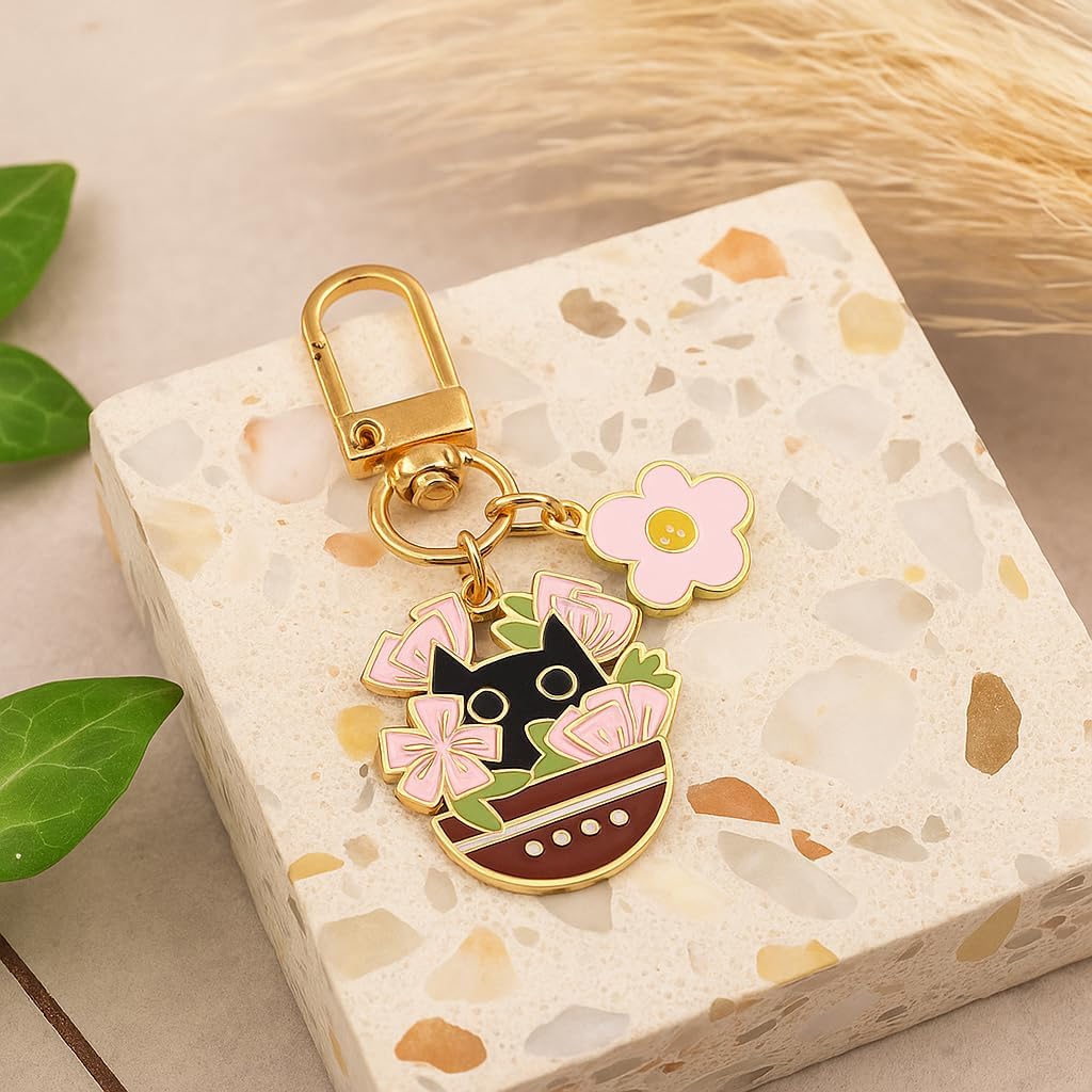 Cat Keychain with Black Cat in Brown Flower Pot, Pink Flower Cluster, and Smiling Face for Women,Cute and Charming Accessory for Bag Charms - Image 5