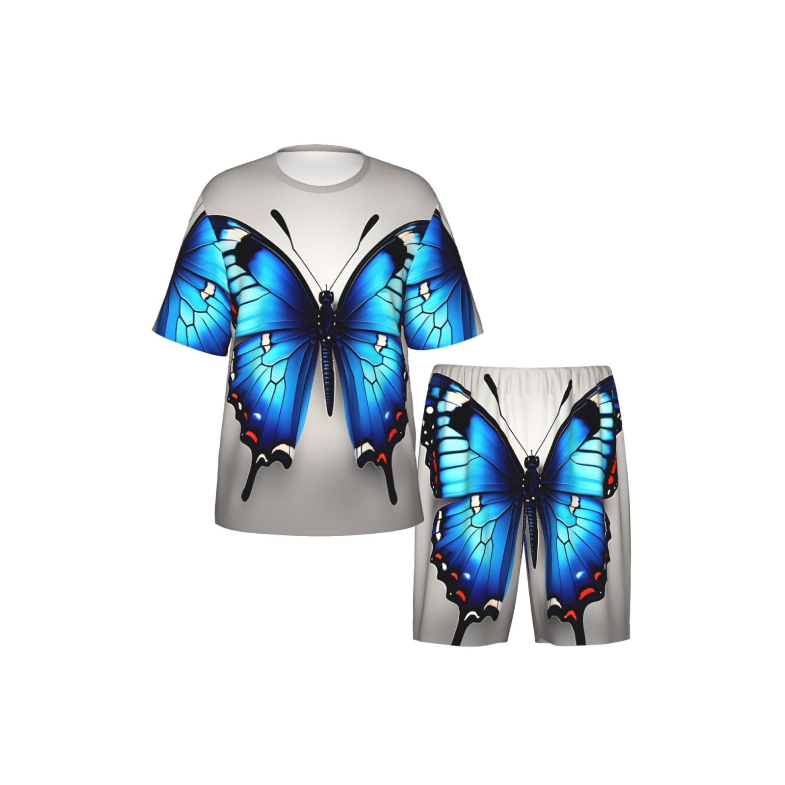 Conjunto de pijama clásico con estampado de mariposa azul para hombre, pantalones cortos de pijama suaves para hombre, perfecto para las noches de verano