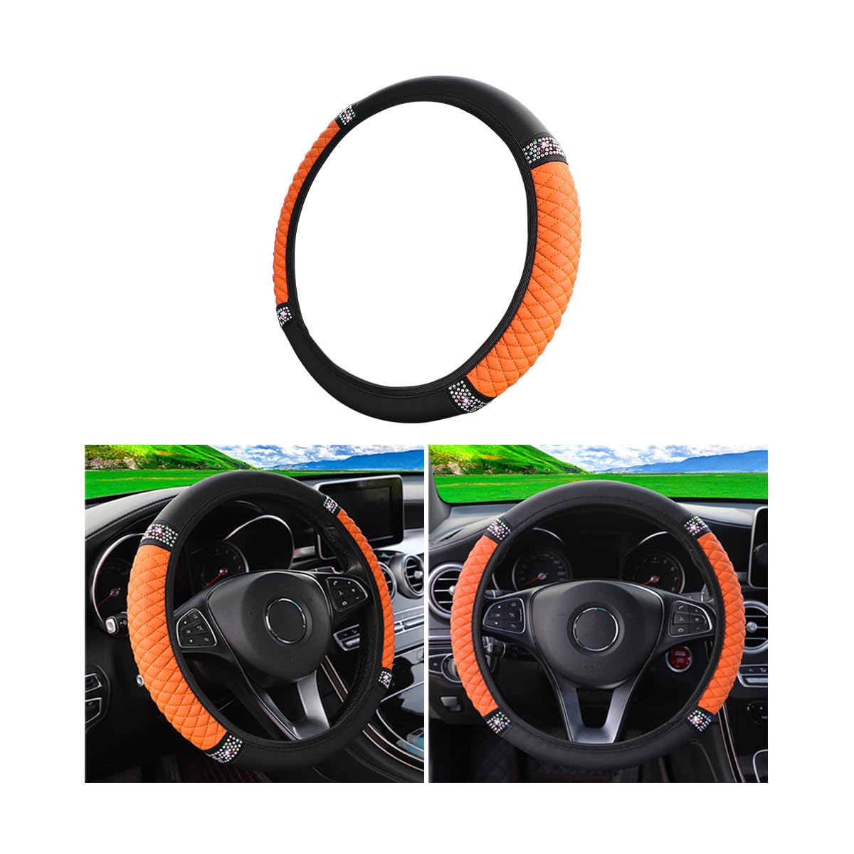 Osilly 15 Inch Rhinestone Leather Steering Wheel Cover, Orange