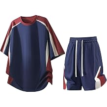 Men's Color Block Patchwork Casual Tracksuit Thin Loose Crew Neck T-shirt Shorts
