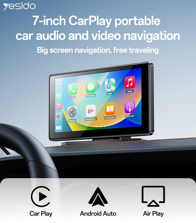 YESIDO Multimedya Araç Sistemi - BT5.0 Dahili Mikrofonlu 7 inç 60Hz HD Ekranlı Taşınabilir Navigasyon, CarPlay, Android Auto, AirPlay ve Bluetooth Destekli, 1024x600, KM17, Siyah