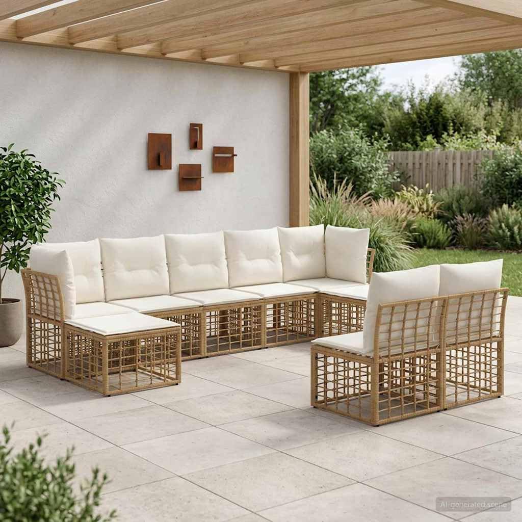 Ensemble de canapés d extérieur en Poly Rattan Blanc Naturel et crème modulable Angle, 9 Places avec Coussins imperméables pour Jardin terrasse Patio détente