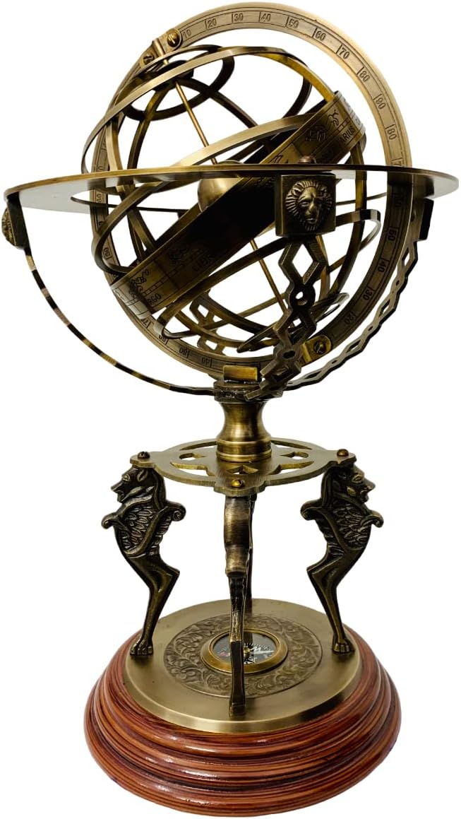 18inch Antique Brass Engraved Armillary Sphere Globe Nautical Compass Armillary on Wooden Base-Four Lion Armillary for Table Decoration