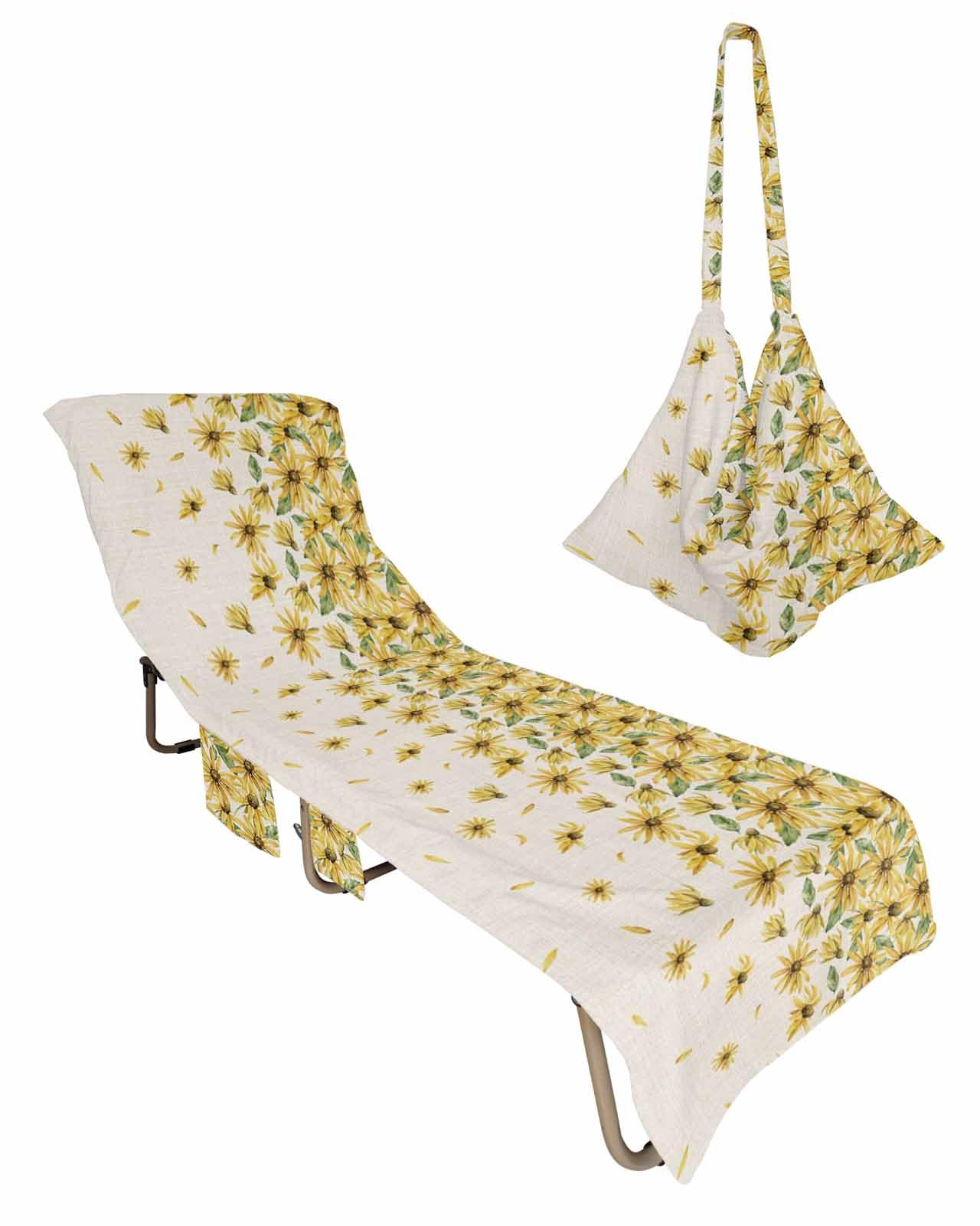 Watercolor Daisy Beach Chair Towel Covers for Chaise Lounge with Side Pocket, Soft Plush Pool Towels Cover for Patio Sunbathing Outdoor 29''x85'' Ombre Yellow Flower Retro Burlap