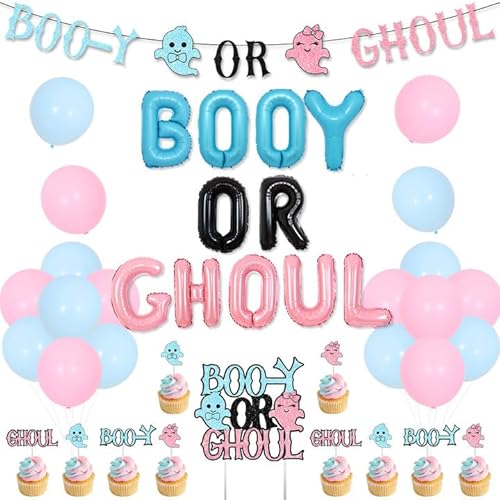 Decorazioni per feste di Halloween, motivo fantasma, decorazioni per feste – Boo-y o Ghoul Banner per torte e cupcake, palloncini in lamina per Halloween, decorazioni per baby shower rosa e blu