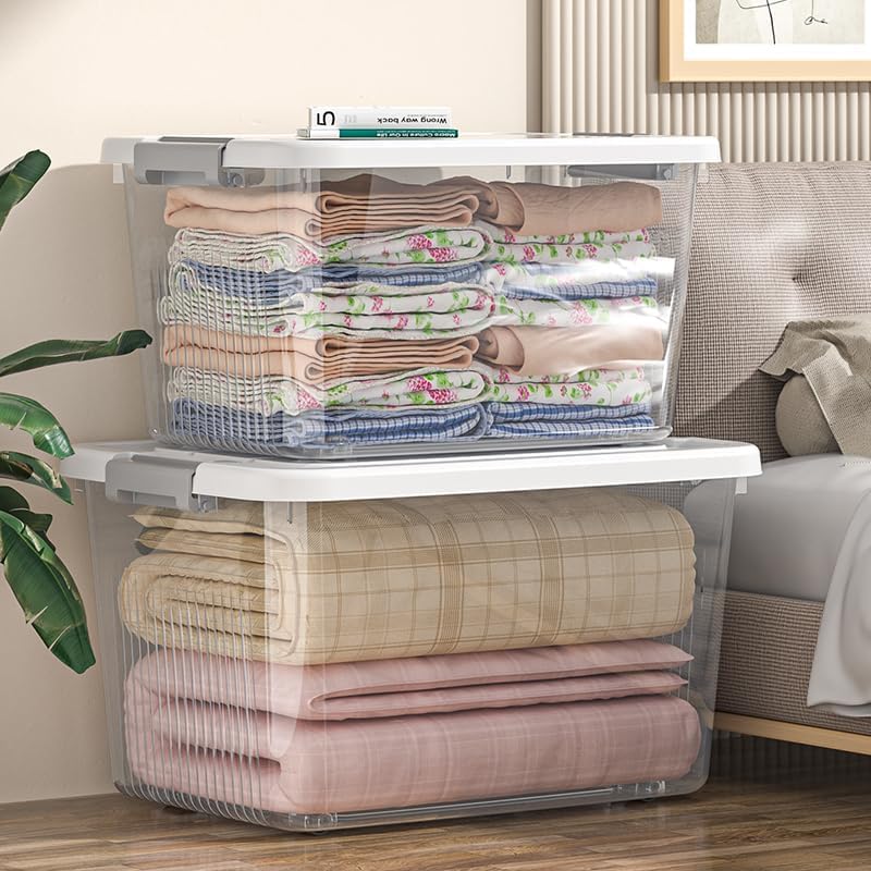 Image of Ash & Roh Heavy Duty Plastic Storage Bins with Locking Lids - Clear, Stackable Containers for Bedroom or Closet Organization (pack of 3, Large 29cm X 40cm X 21cm)