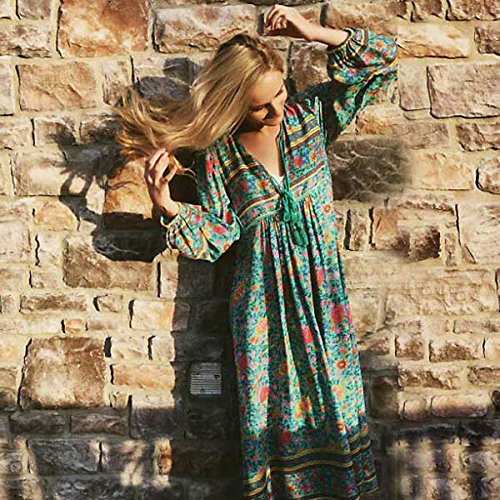 R.Vivimos Women's Long Sleeve Floral Print Retro V Neck Tassel Bohemian Midi Dresses (Large, Green)