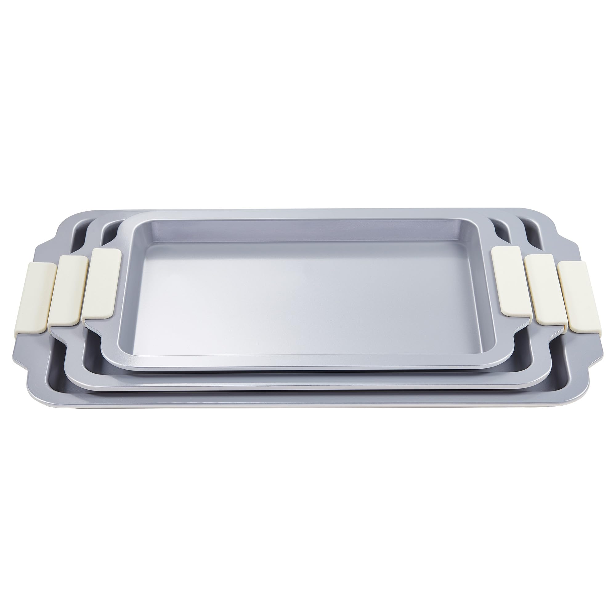 HONGBAKE 3-teiliges Backblech-Set (Viertel/Jelly Roll/Halb), Aluminium-Stahl mit Keramik-Antihaftbeschichtung, stapelbar, hitzebeständig bis 260 °C, PTFE- & PFOA-frei, mit abnehmbaren Silikongriffen