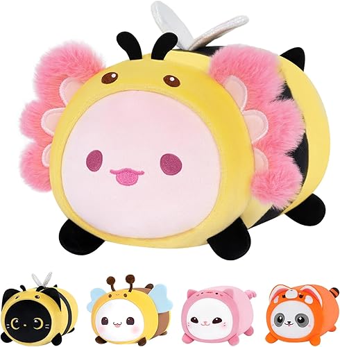 Bonita almohada de felpa de abeja, juguete de peluche Kawaii, peluche de ajolote con disfraz de abeja, regalo de cumpleaños suave para niños y