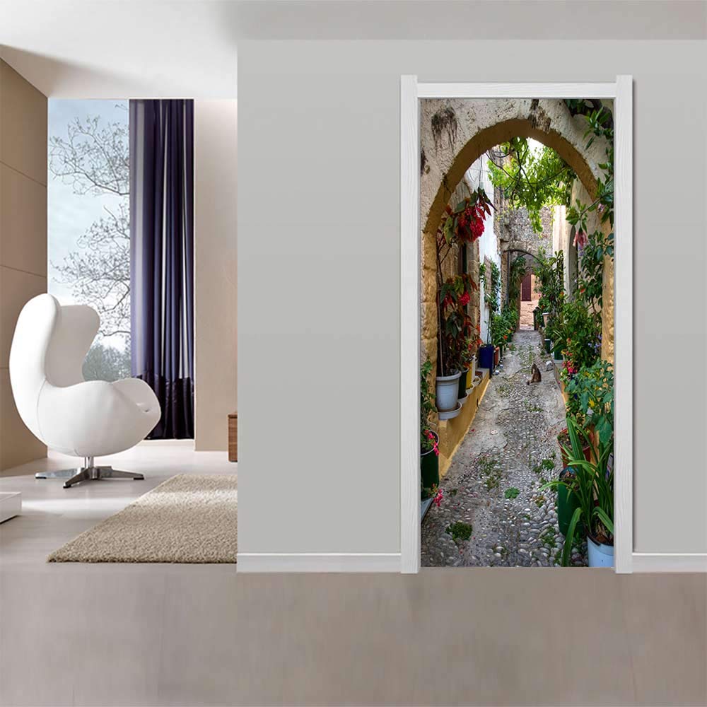 Sticker de porte trompe l'oeil pour décorer un salon avec une rue des fleurs