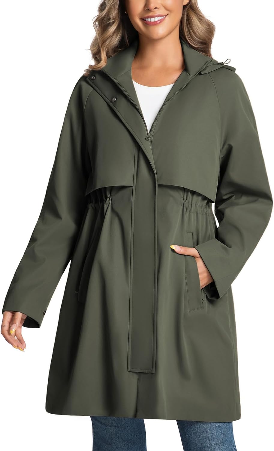 Trench Jackets for Women Lightweight Waterproof Detachable Hood Coat Windbreaker Long Sleeve Raincoats with Belt